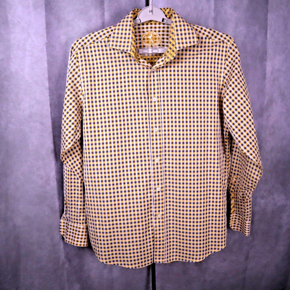 Bugatchi‎ Men's XL Shirt Yellow Blue Check L/S Button Up Flip Cuff Regular Fit